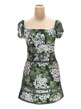 Themis Floral Puff-Sleeve Fully Embroidered Mini Dress in Green